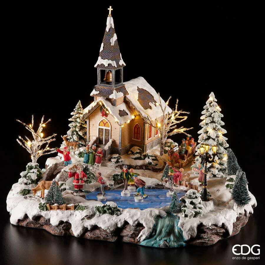 Villaggio Natale con Chiesa H 41 Cm 45 x 21 Cm Led Multicolor